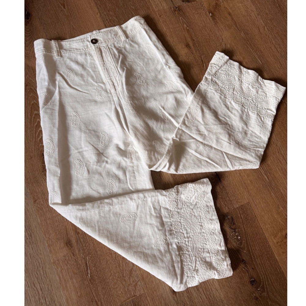 Zara White Floral Embroidered High Waisted Wide Leg Ankle‎ Pants Size Small